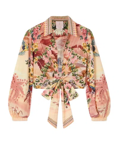 Camilla + The White Lotus Cropped Printed Crystal-embellished Organic Cotton-poplin Wrap Shirt In Pink