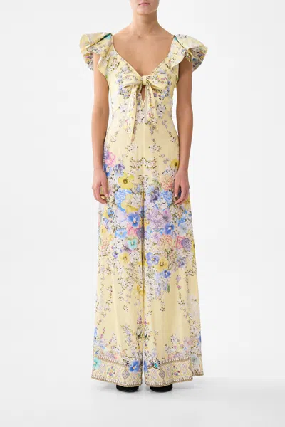 Camilla Tie Front Frill Sleeve Jumpsuit Darling Buds In White