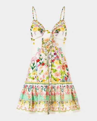 Camilla Tie Front Short Dress With Hem Ruffle In Multi