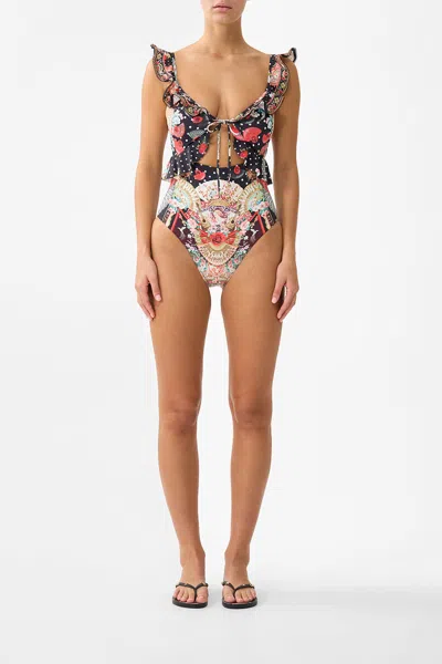 Camilla Tie Front One Piece With Frill Neck And Waist Daughters Of Duende In Multi