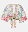 Camilla Tie-front Puff-sleeve Crop Top In Multicoloured