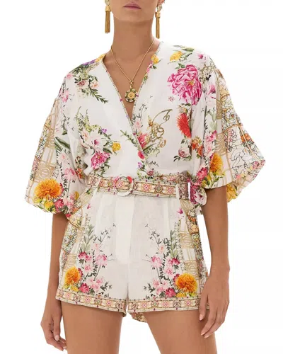 Camilla Tie Front Puff Sleeve Top In Egyptian Rose In Multi