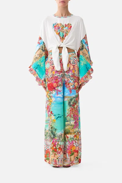 Camilla Tie Front Ruffle Sleeve T-shirt Meet Me In Mallorca In Multi