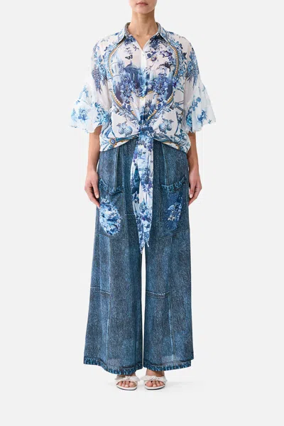 Camilla Tie Front Shirt With Sleeve Frill The Porcelain Parlour In Blue