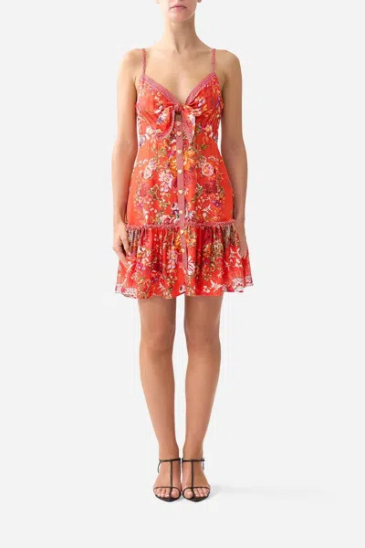 Camilla Tie Front Short Dress With Hem Ruffle In Orange