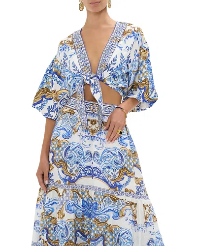 Camilla Tie Front Top In Azul Adventures