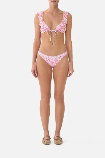 Camilla Tie Front Tri Bikini Top W Frill Neck Livin La Vida Rosa In Pink