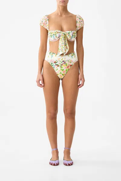 Camilla Tie Front Underwire Bikini Top With Puff Sleeve The Call Of Catalonia In Multi