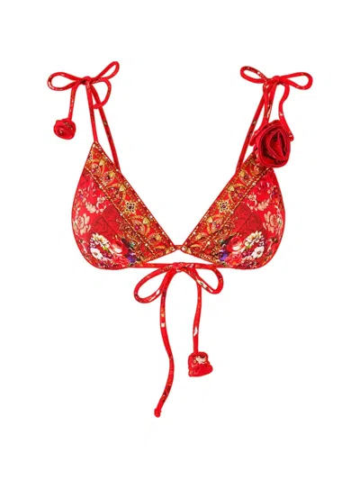 Camilla Tie Shoulder Rosette Bikini Top In Red