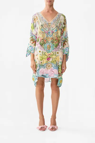 Camilla Tie Sleeve Short V Neck Kaftan In Just Coasting In Multi