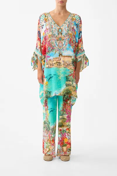 Camilla Tie Sleeve Short V Neck Kaftan Meet Me In Mallorca In Multi