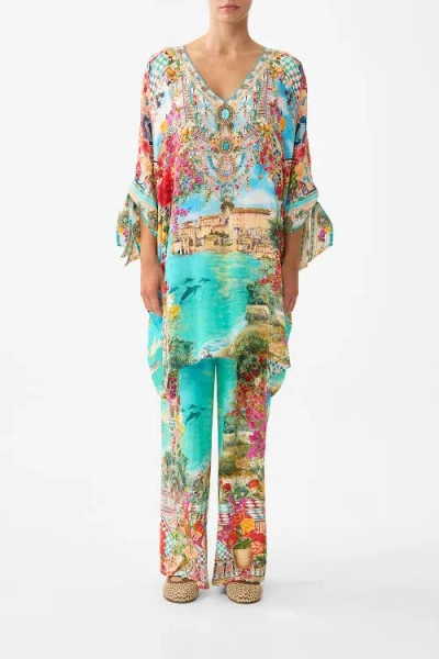 Camilla Tie Sleeve Short V Neck Kaftan In Multi