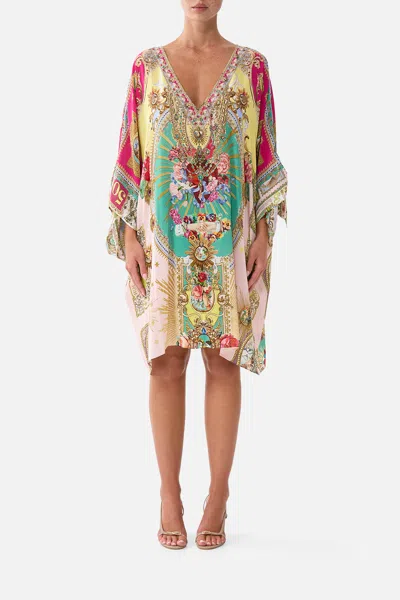 Camilla Tie Sleeve Short V Neck Kaftan Painted Prayers In Yellow