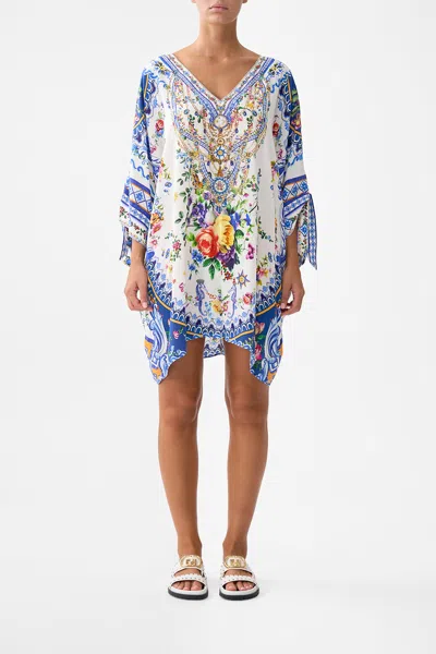Camilla Tie Sleeve Short V Neck Kaftan Tiles Darls In Multi