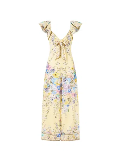 Camilla Tie-front Frill-sleeve Jumpsuit In Yellow