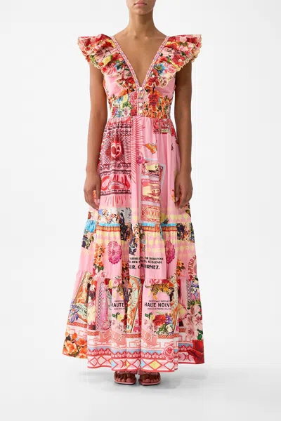 Camilla Tiered Dress With Neck Frill Collage Kingdom In Multi