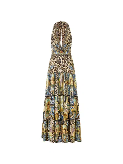 Camilla Halter Jersey Dress With Tiered Skirt Sevillian Style In Multi