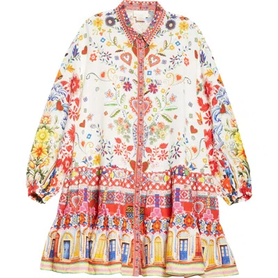 Camilla Tiered Long Sleeve Linen Shirtdress In Faith Luck Justice