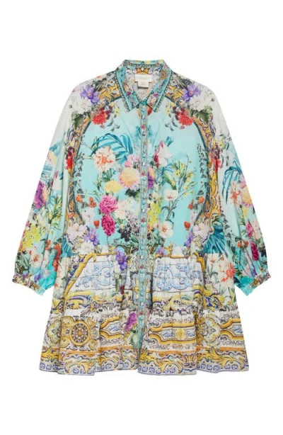 Camilla Tiered Long Sleeve Linen Shirtdress In Gardens Of Queluz