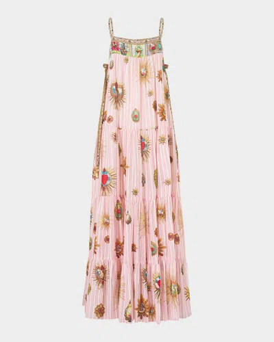 Camilla Long Tiered Dress With Bow Ties Painted Prayers In Pink