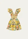 Camilla Tiered Neck Frill Floral Cotton Mini Dress In Paths Of Gold