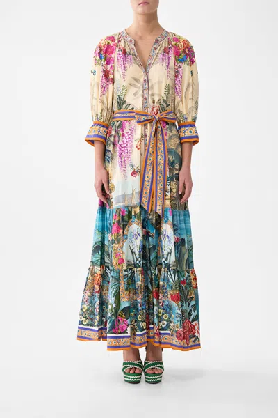 Camilla Tiered Shirt Dress With Short Sleeve Bodrum Botanicals In Multi