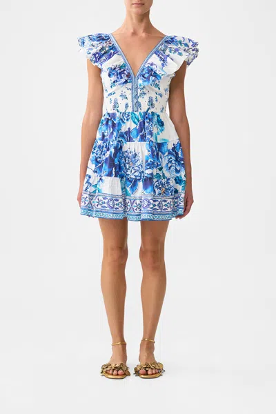 Camilla Tiered Short Dress With Neck Frill A Ceramic Garden In Multi