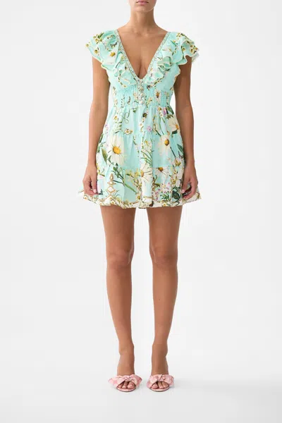 Camilla Tiered Short Dress With Neck Frill Floral Freefall In Multi