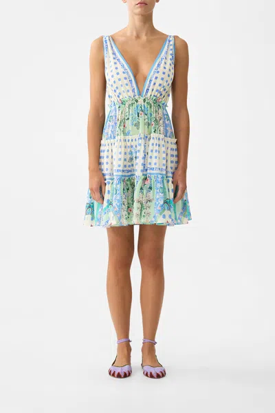 Camilla Tiered Short Dress With Shoulder Ties Midsummer Mosaics In Blue