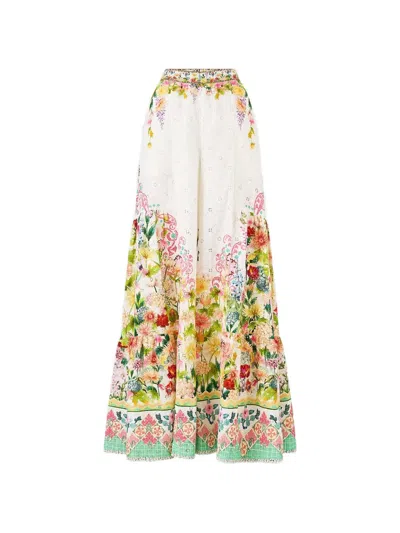 Camilla Tiered-panels Floral-print Cotton Trousers In White