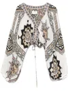 Camilla Lace Up Front Blouson Sleeve Blouse Tile Style In White