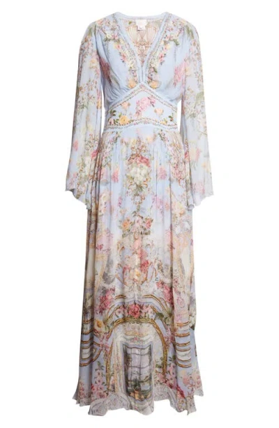 Camilla Tiled In Time Long Sleeve Silk Chiffon Maxi Dress In Gray