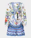 Camilla Tiles Darls Short Tie-front Blouson Dress In Blue