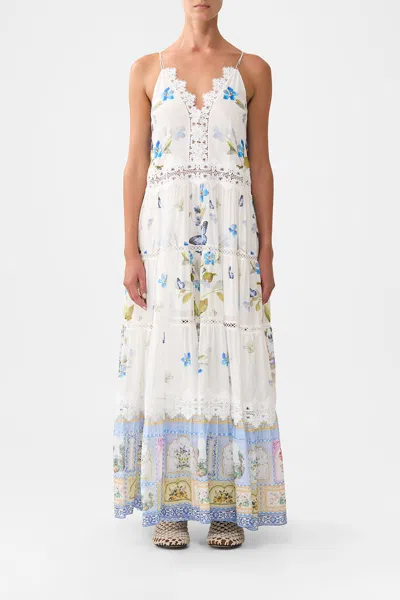 Camilla Trapeze Tiered Dress Botanical Ballads In White