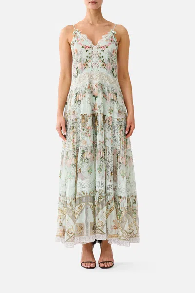 Camilla Trapeze Tiered Dress With Lining Wildflower Wunderland In Green