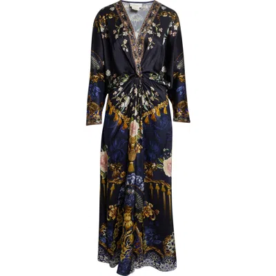 Camilla Twist Front Batwing Long Sleeve Silk Maxi Dress In Multi