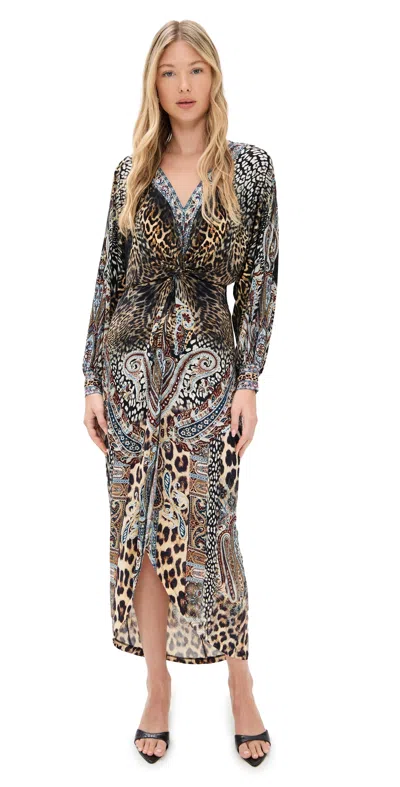 Camilla Istanbul Animalia Twist Front Long Sleeve Jersey Midi Dress In Multi