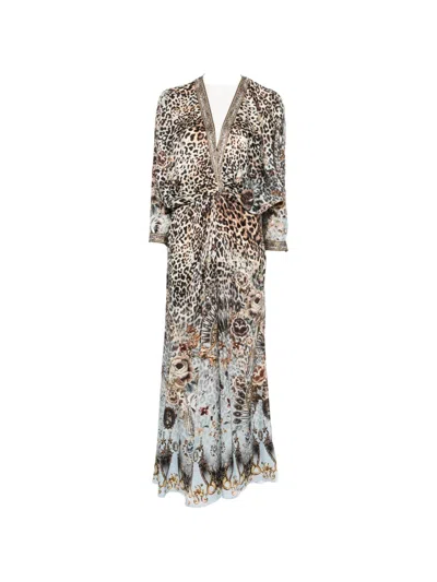 Camilla Twist-front Leopard-print V-neck Silk Maxi Dress In Brown