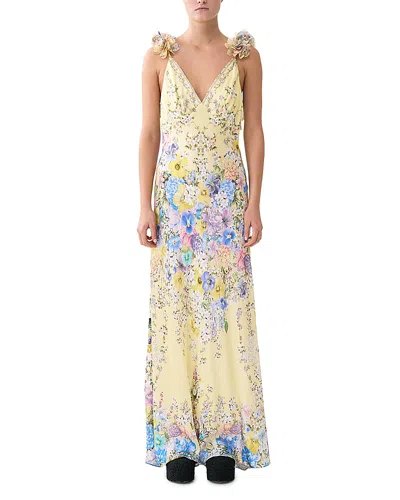 Camilla Embellished Floral Ruffled Silk Satin Maxi Dress In Yellow