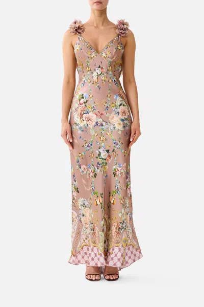 Camilla V Neck Bias Slip Dress With Back Frill Chamber Of Blooms In Pink