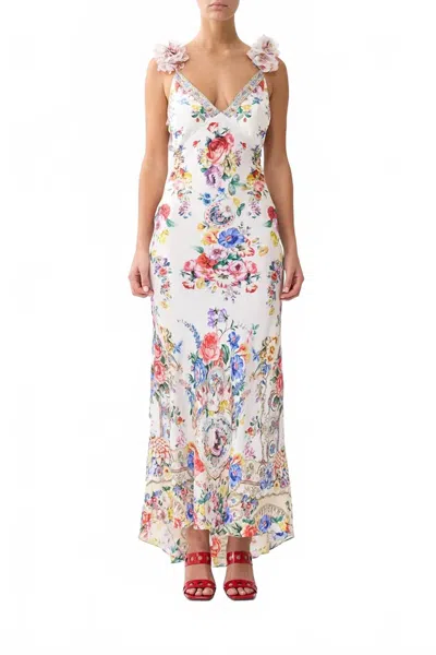 Camilla V Neck Bias Slip Dress With Back Frill In Ilefgran In White