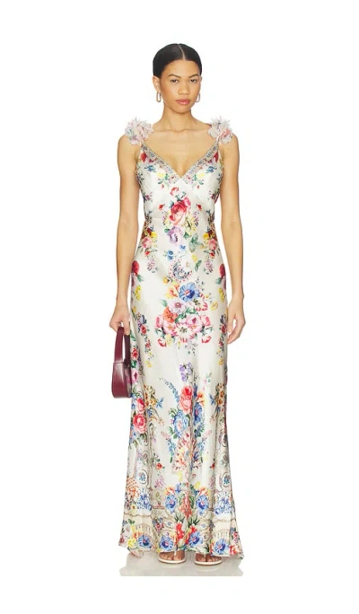 Camilla V Neck Bias Slip Dress With Back Frill In Multi