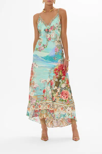 CAMILLA V NECK BIAS SLIP DRESS WITH BACK FRILL THE JEWELLERY MUSEUM