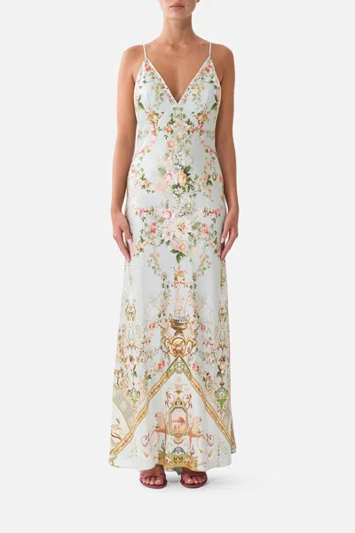Camilla V Neck Bias Slip Dress With Back Frill Wildflower Wunderland In White