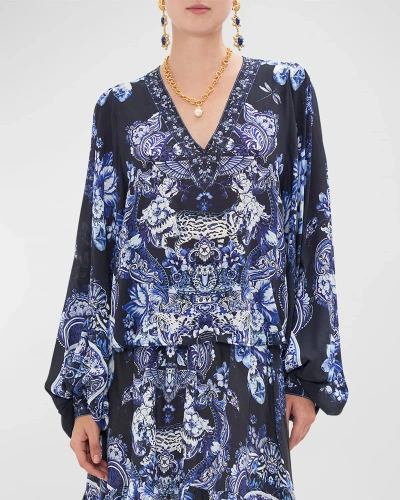 Camilla V-neck Blouson-sleeve Printed Silk Blouse In Delft Dynasty