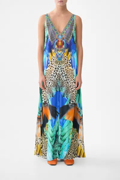 Camilla V Neck Flared Jumpsuit Jungle Flight In Blue