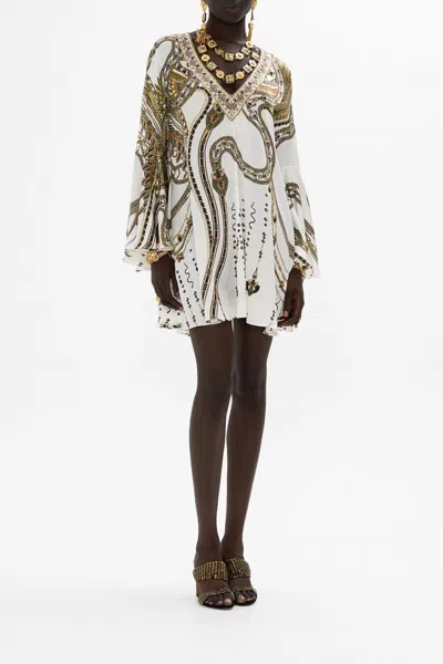 Camilla V Neck Flared Sleeve Mini Dress In Goddess Energy In Multi