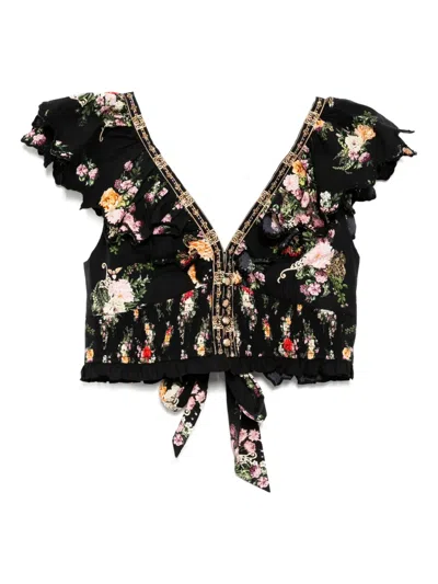 Camilla Deep V Frill Short Sleeve Top Adorned In Alexandria In Black