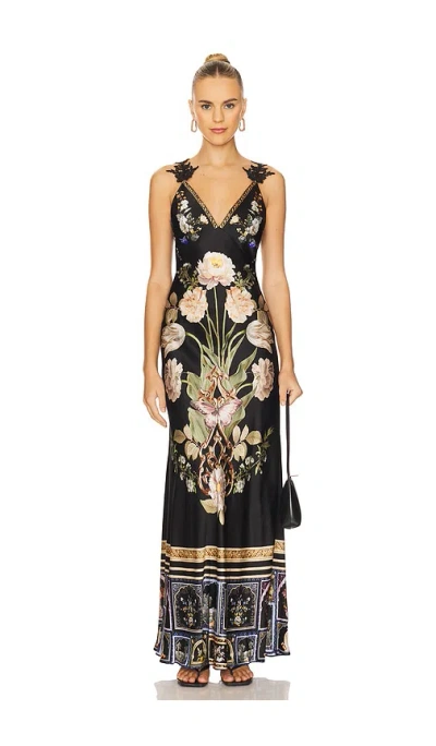 Camilla V Neck Full Length Bias Slip Dress In Black