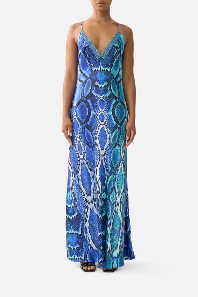 Camilla V Neck Full Length Bias Slip Dress The Sapphire Serpent In Multi
